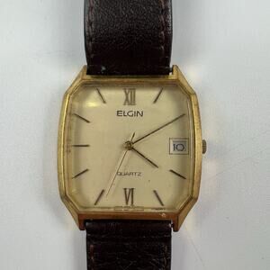 Vintage Elgin Quartz Rectangular Gold Tone Date Watch AS IS